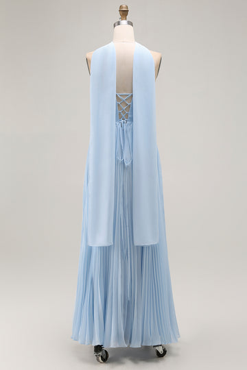 Strapless Sky Blue A Line Pleated Bridesmaid Dress with Halter Scarf
